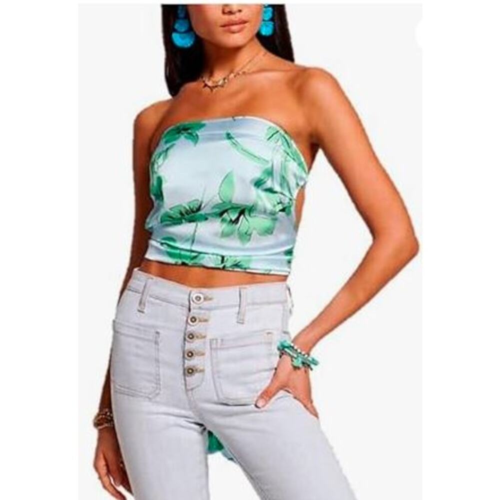 Ramy Brook Green Floral Satin Strapless Crop Top